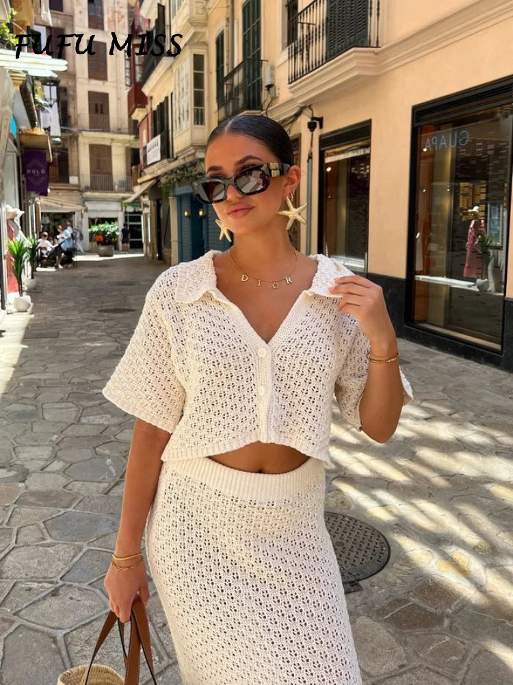 Elegant Knitted Long Skirt Women's Sets Hollow Out Lapel Short Sleeve Cropped Top  Maxi Skirts 2024 Summer Crochet Female Suit