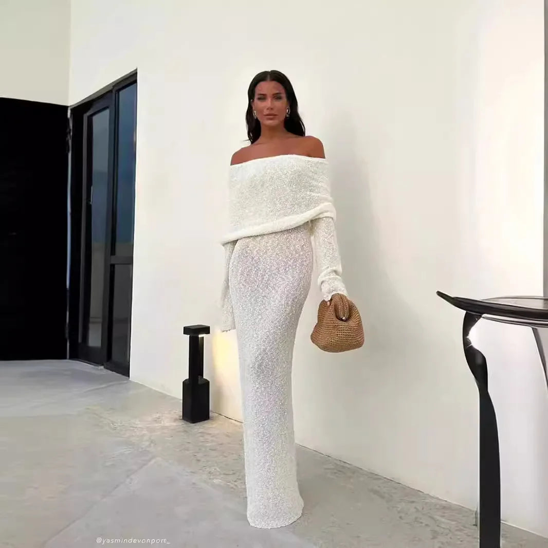 Sexy Knit Long Dress Elegant Women White Off Shoulder Bodycon Hollow Out Crochet Sundress Wedding Guest Dresses Beach Outfits