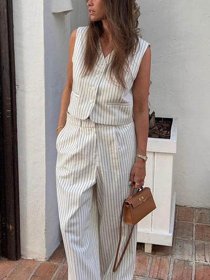 YAMIKO 2024 New Striped Vest Trousers Two-piece Sets Summer Women's Street Fashion Commuting Office Lady Suit Casual Outfit