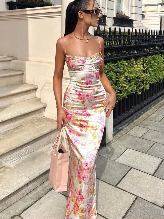 Suninheart Elegant Floral Maxi Bodycon Dress - Spaghetti Straps, Perfect for Summer Weddings & Holidays 2023