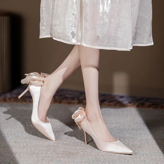 New Pointed High Heels, Thin Heels, Shallow Mouth Bow, Fashionable Silk Single Shoes, French Bridal Wedding Shoes