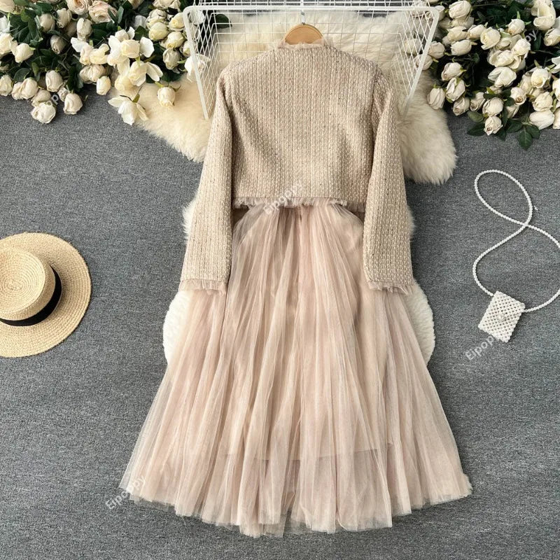 2024 New Autumn Spaghetti Strap Woolen Patchwork Mesh Tulles Dress + Short Tweed Jacket Coat for Women 2 Pieces Set Outfits