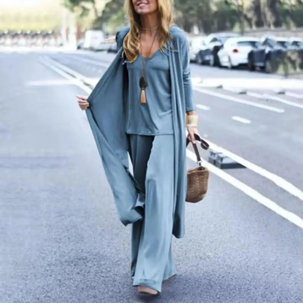 3Pcs/Set Women Elegant Three Piece Sets V-neck Sling Vest Straight Wide Leg Long Pants Long Sleeve Long Cardigan Commuter Suits