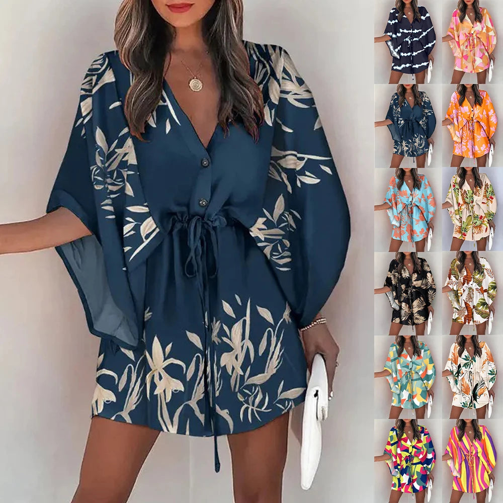 Holiday Casual Dresses Women Sexy V-neck Batwing Sleeve Lace-up Fashion Printed Half Sleeve Dress Summer Beach Loose Short Dress