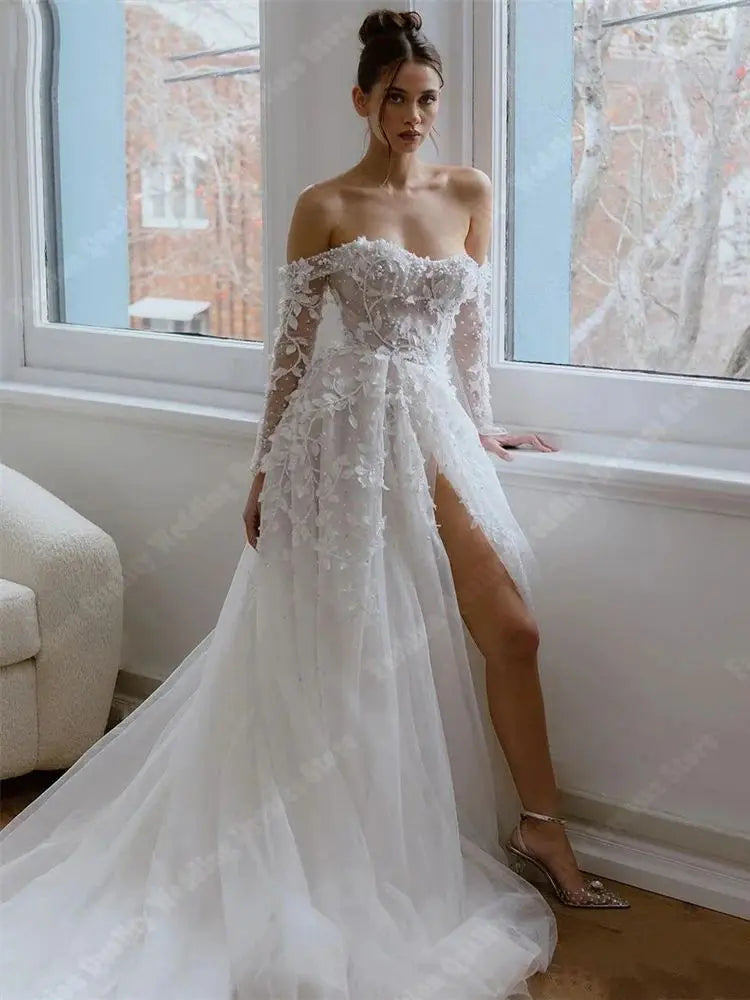 Elegant Off The Shoulder Princess A-Line Wedding Dresses Shiny Tulle Surface Bridal Gowns Sexy Mopping Length Vestidos De Novias