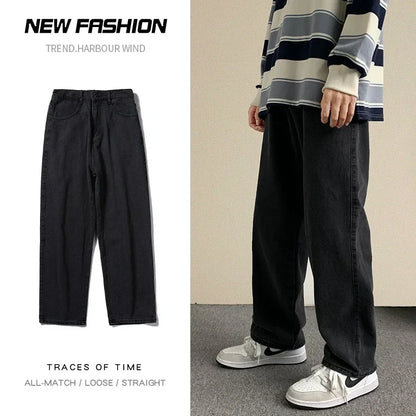 2024 New Korean Fashion Baggy Jeans Men Streetwear Loose Straight Wide Leg Pants Male Brand Clothing Black Light Blue