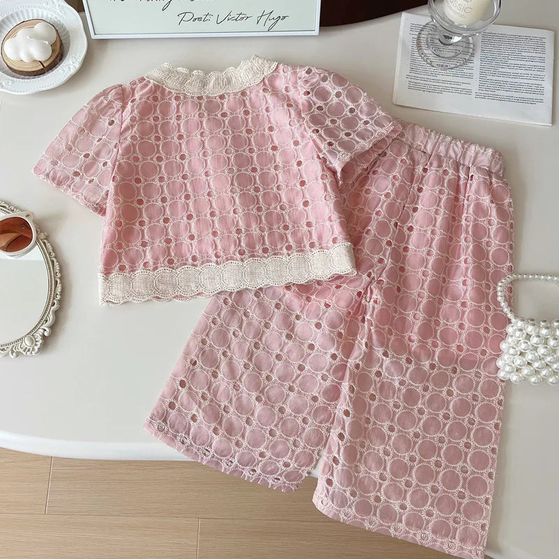 Children's Clothing Sets Cut-out Lace Short-sleeved Top + Wide-leg Pants + Shorts 3pcs Sets Kids Clothes Girls 2 To 7 Years