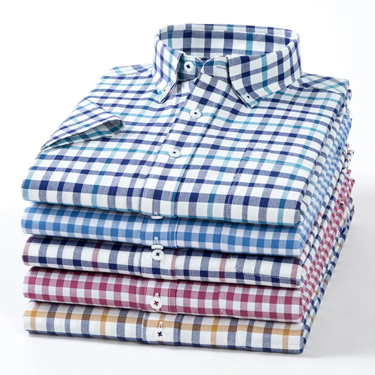 New Oversized S~5XL Pure Cotton Oxford Plaid Social Shirts For Mens Short Sleeve Dress Shirt Male Casual Soft Blouses Clothing