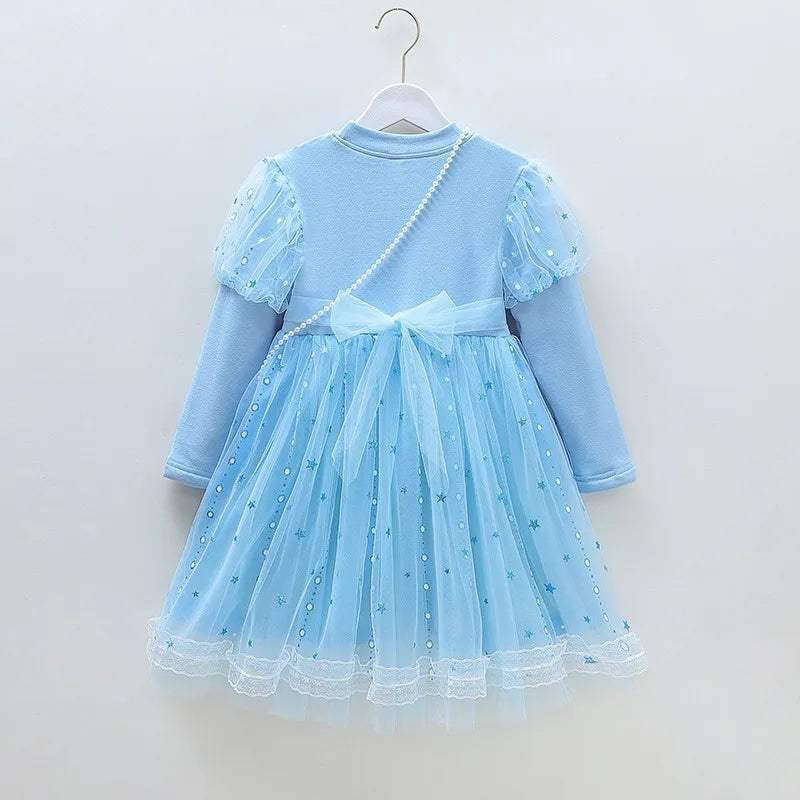 New Disney Princess Dress Frozen Elsa Girls Dress Autumn Kids Clothes Birthday Party Long-sleeved for Children Dress With Bag