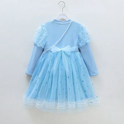 New Disney Princess Dress Frozen Elsa Girls Dress Autumn Kids Clothes Birthday Party Long-sleeved for Children Dress With Bag