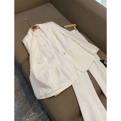 Luxury Pearls Women Pants Sets 2 Piece White Peak Lapel Single Button Wear Fashion Elegant Wedding Party Office Lady Suits