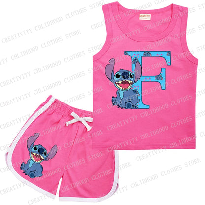 Children Stitch Letter A -Z Suit Sports Rose Clothes Casual Disney Sleeveless Girl Boy Vest & Shorts 2Pcs Sets Kids Summer Wear