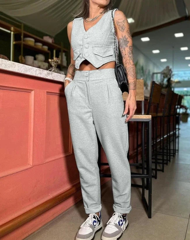 Two Piece Set Women Outfit 2024 Summer Fashion V-Neck Buttoned Sleeveless Vest Top & Casual High Waist Pocket Daily Pants Set