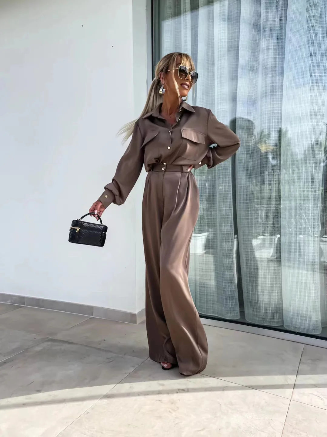 2024 Autumn Commuter Elegant 2 Pcs Suit Women Spring Single Breasted Lapel Shirt Wide Leg Pants Outfit Smooth Satin Ladies Sets