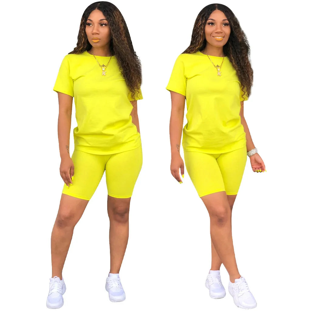 Women Skinny Street 2 Piece Set Jogging Sexy Summer Tracksuit Female Sexy Outfits Short Elegant T-shirt Ladies Solid Sportswear