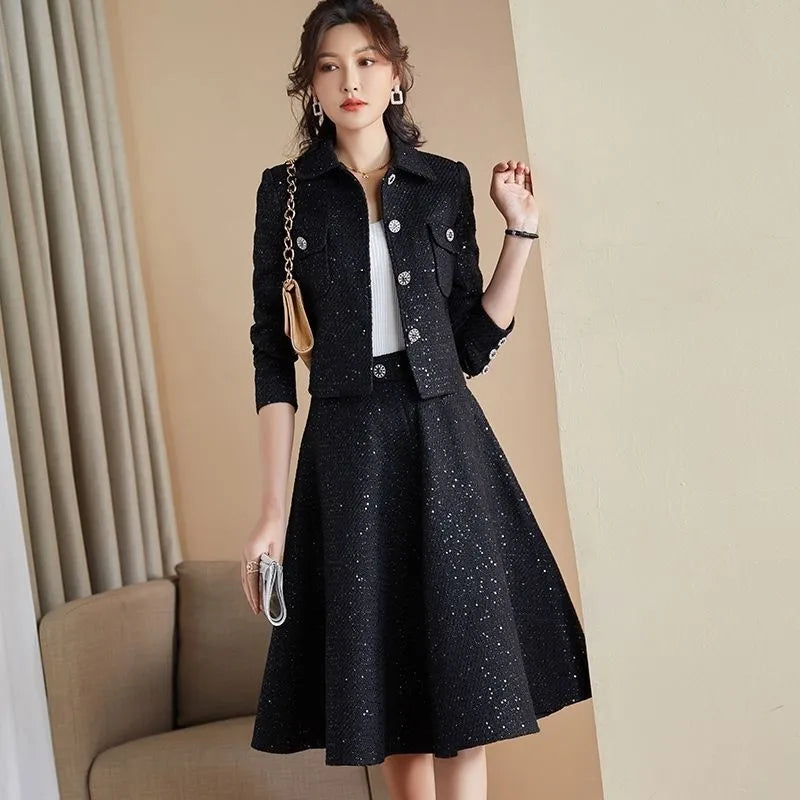 Fashion Suits Women's Jacket Autumn/Winter 2023 New Tweed Skirt Two-Piece Female Korean Long Sleeve Slim Single-Breasted Suit