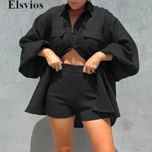 Solid New Spring Summer Office Outfit Trendy 2024 Lantern Sleeve Button Blouse Tops&High Waist Shorts Set Women Two Piece Suit