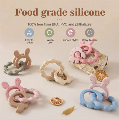 1Pcs Baby Silicone Teether Ring BPA Free Rattles Bracelet Food Grade Newborn Baby Accessories Cartoon Silicone Teething Toys