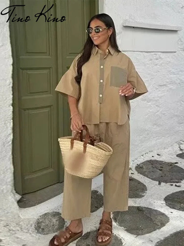 Casual Shirt Two Piece Set Women Loose Short Sleeve Single Breasted Top Wide Leg Pants Female Suit 2024 Summer Fashion Lady Sets