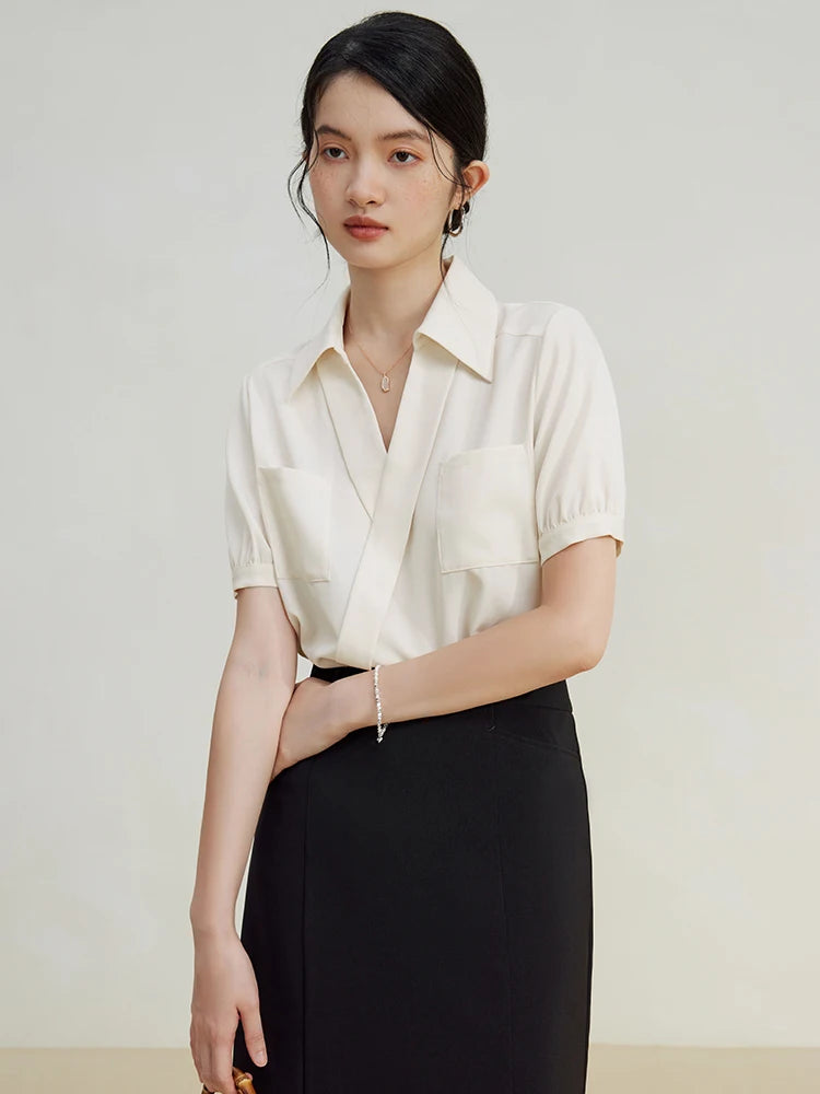 ZIQIAO Design Sense V-neck Slanted Placket Shirt for Women Summer Niche Commuting Casual Short-sleeved Shirt Top for Female