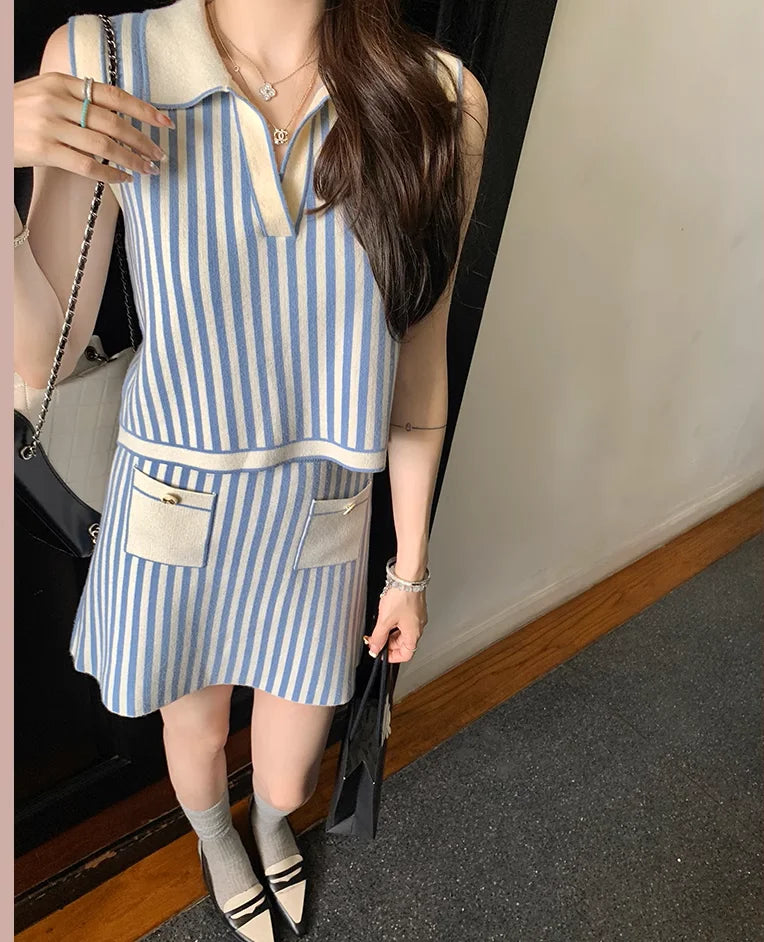 Blue Vertical Stripe Skirt Set Women's 2024 New Style Polo Collar Sleeveless Knit Vest Top+half Skirt Two Pieces Set