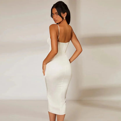 2024 Spring and Summer New Elegant Women's Clothing Slit Midi Skirt Fishbone Backless Slim Fit Sling Dress Party Dress for Women