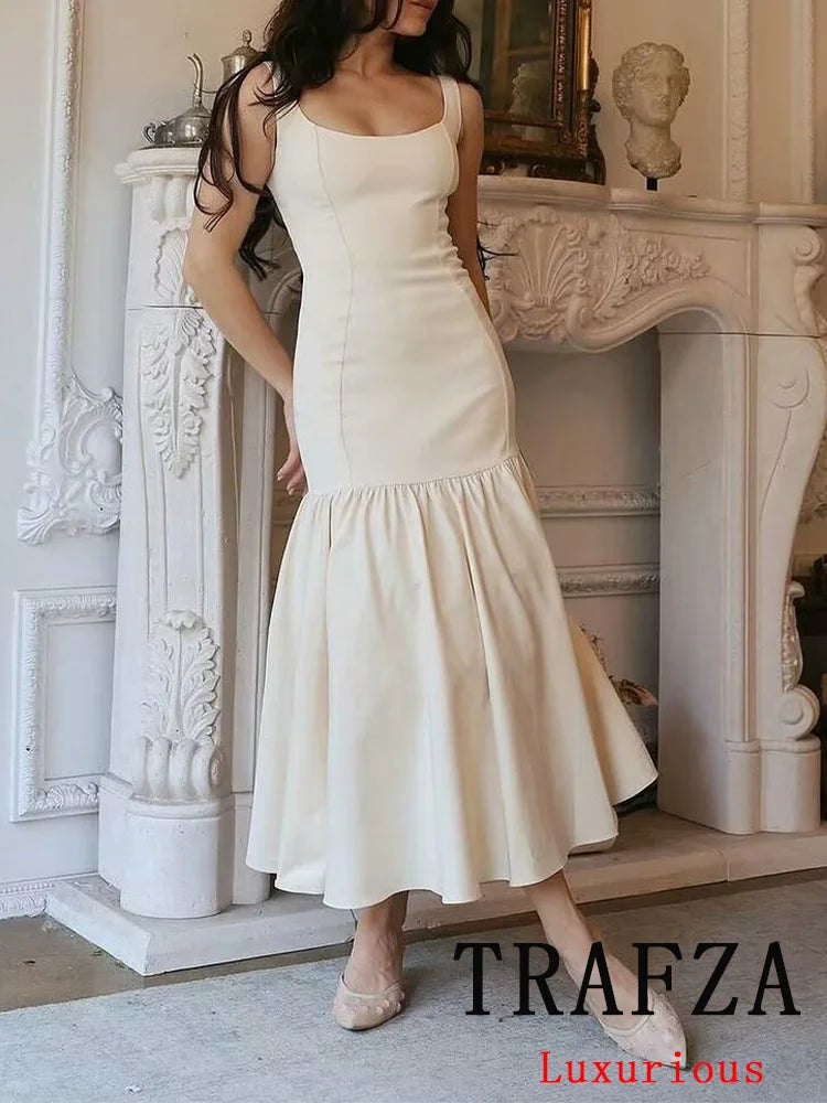 Here's an optimized product title for the given description: TRAFZA Vintage Chic Women's Backless Cami Dress - White Ruffles, Slim Fit - 2024 Summer Fashion.