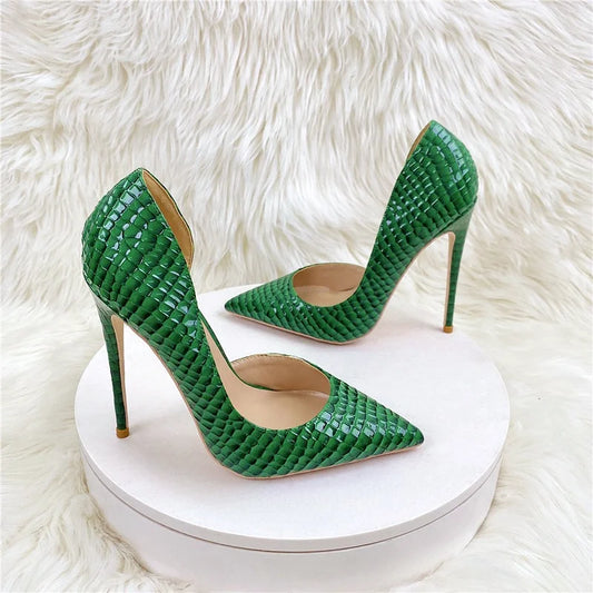 Green dark checkered women's high heels, party shoes, dresses, fashionable and versatile shoes