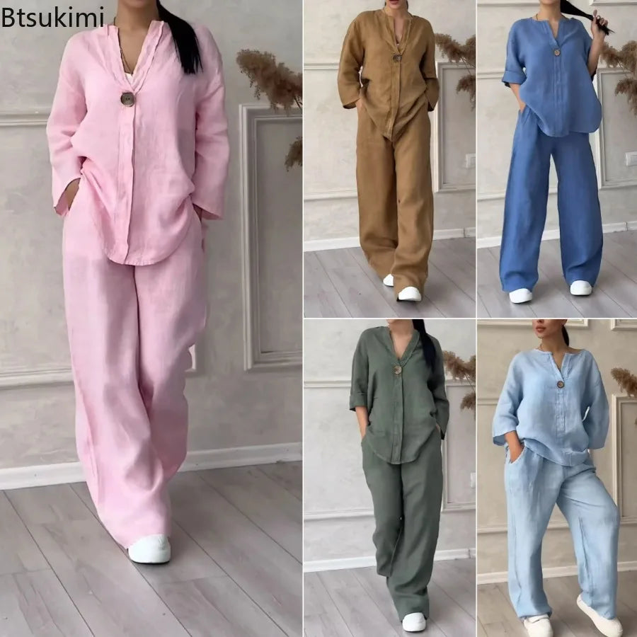 New 2024 Women's 2-piece Cotton Linen Pant Sets Solid Long Sleeve Shirt Top+ Wide-leg Trousers Two-piece Casual Loose Suit Sets