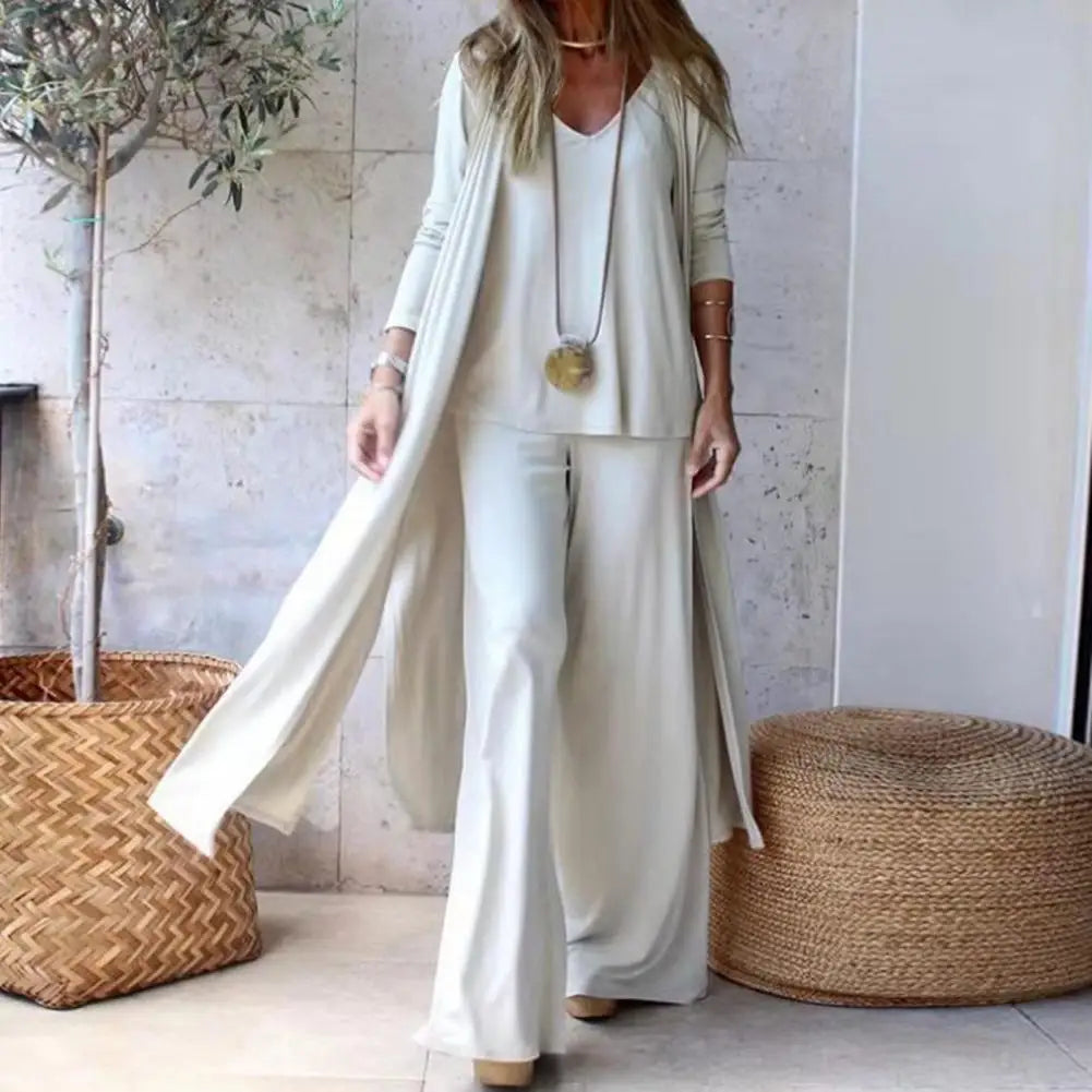 3Pcs/Set Women Elegant Three Piece Sets V-neck Sling Vest Straight Wide Leg Long Pants Long Sleeve Long Cardigan Commuter Suits