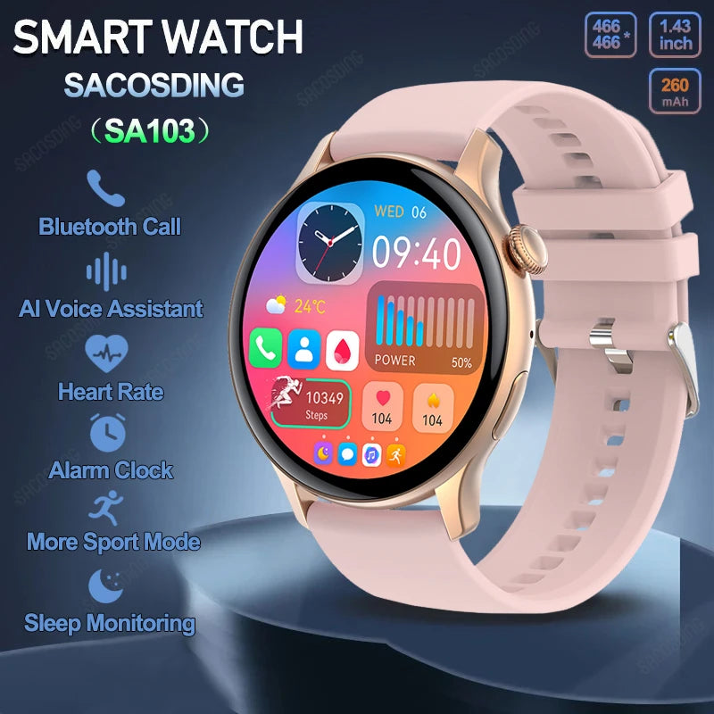 SACOSDING SA103 Smart Watch Women 466*466 AMOLED Always on Display Clock Bluetooth Call Voice Control Fitness Smartwatch Men+Box