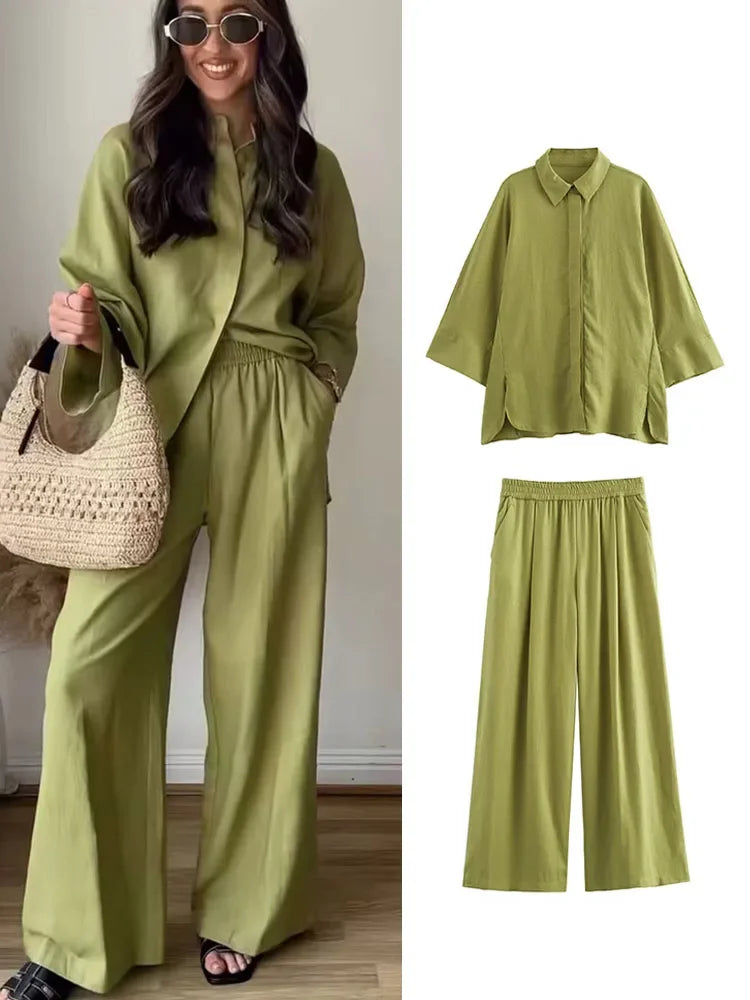 Chic 2 Pieces New Wide Leg Pants Sets For Women 2024 Fashion Loose Casual Shirts Top Women's Suit Two Piece Set Women Outfit