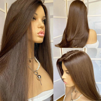 Soft Long 28inch Brown Silky Straight 5x5 Silk Base Jewish Human Hair Wig Glueless BabyHair HD Lace European Hair Preplucked Wig