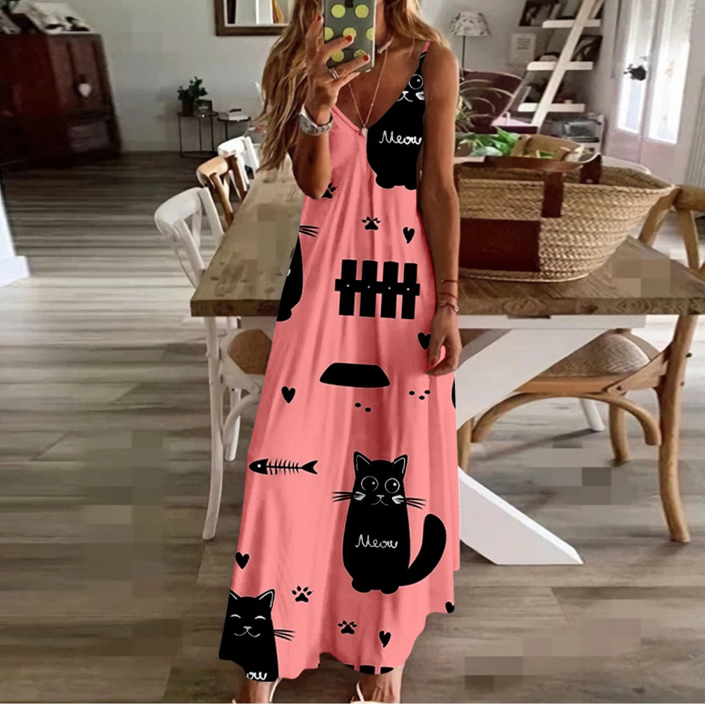 Spring Summer Women V-Neck Cat Printed Sexy Beach Long Maxi Dress Split Sleeveless Clothing Holiday Vestido