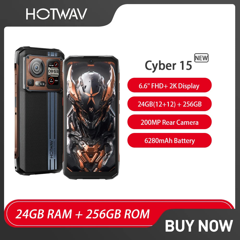 HOTWAV Cyber 15 Rugged Smartphone Android Phone 6.6 Inch 120Hz 24GB 256GB Ultra-thin Mobile Phones 200MP 6280mAh Cellphone NFC