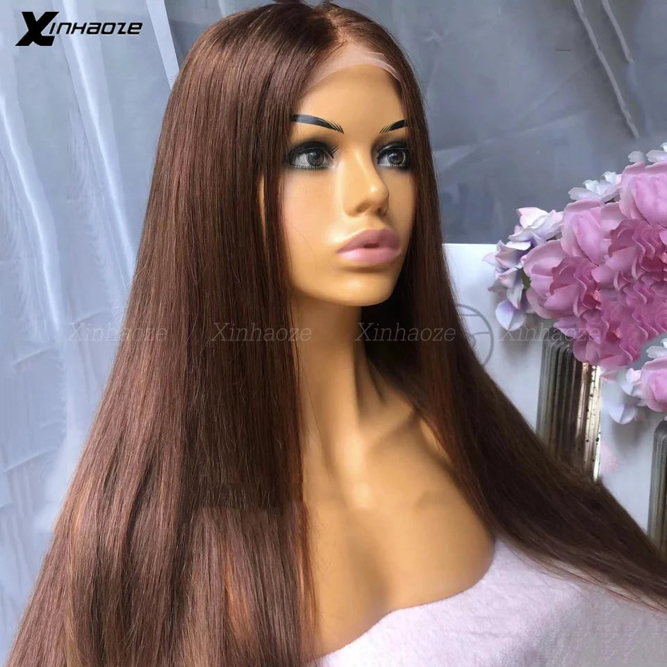 Darkest Brown Lace Frontal Human Hair Wigs for Black Women Colored Pure 2# Colored Long Straight 5x5 Silk Scalp Base Top Wigs