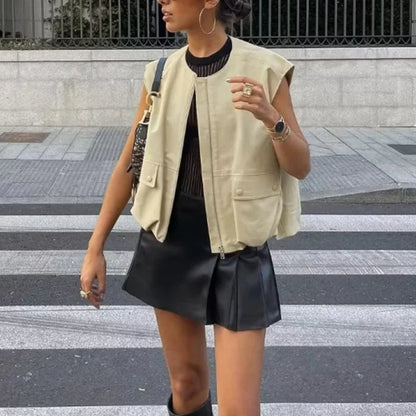 Fashion Safari Style Waistcoat Women Streetwear Sleeveless Drawstring Bomber Jacket Female 2024 Summer O-neck Pockets Lady Vest