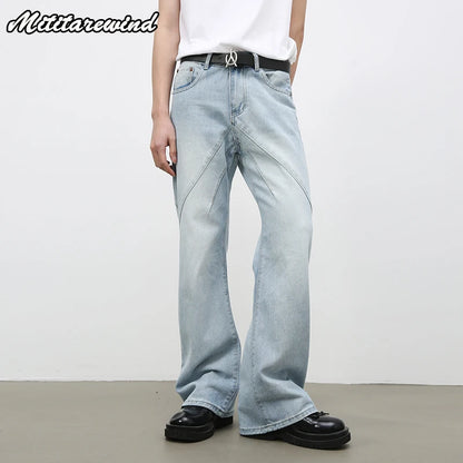 American Retro Washed Spliced bootcut Jeans For Men Light Blue Jeans Trousers Casual Loose Mid-waist Straight Denim Pant Men