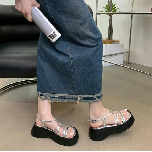 2024 Summer Gladiator Women Sandals Fashion Elegant Narrow Band Platform Flats Shoes Ladies Casual Outdoor Beach Sandalias