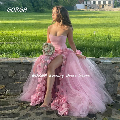 GORGA Simple Pink Strapless Tulle A-LINE Prom dress 2024 Slim 3D Flowers Floor-Length Formal Evening Dress