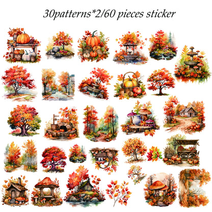 72pieces(12papers+60stickers) Autumn Forest Junk Journal Set,Perfect for Journal Supplies,Arts Crafts,Scrapbooking Supplies