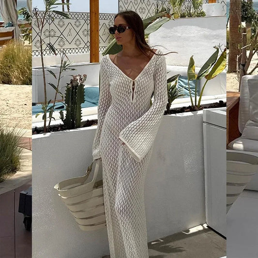 2024 Knitted Cover Up Beach Elegant Solid Sexy See Through Bodycon Maxi Dress Flared Long Sleeves Bikinis Cover-ups For Women