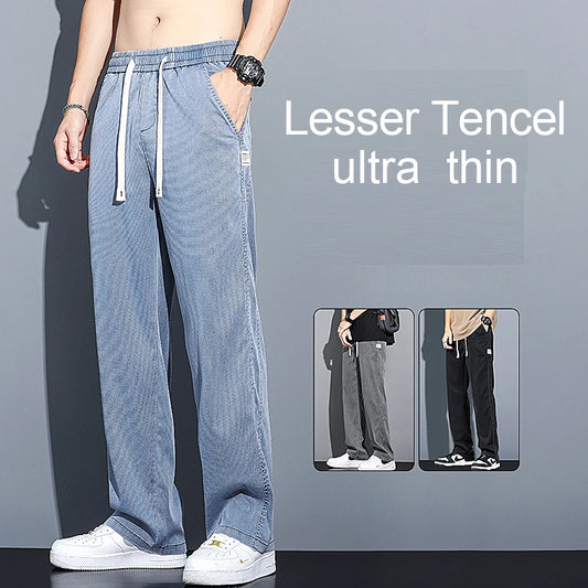 2024 Spring/Summer New Soft Lyocell Fabric Men's Jeans Thin Loose Straight Leg PantsDrawstring Elastic Waist Korean casual pants