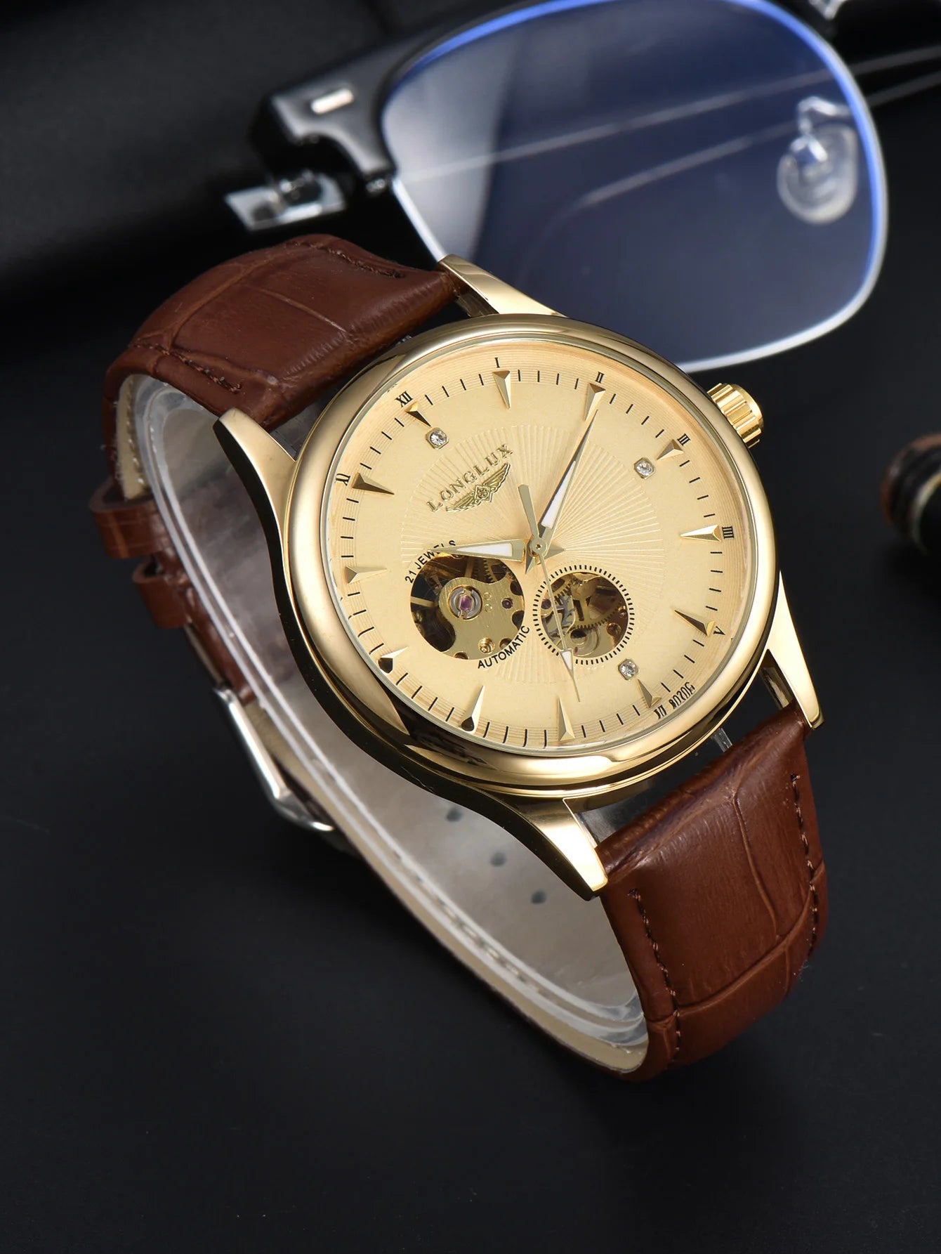 LONGLUX automatic watch elegant style wholesale mechanical wristwatches skeleton rome waterproof  mens watch men gift