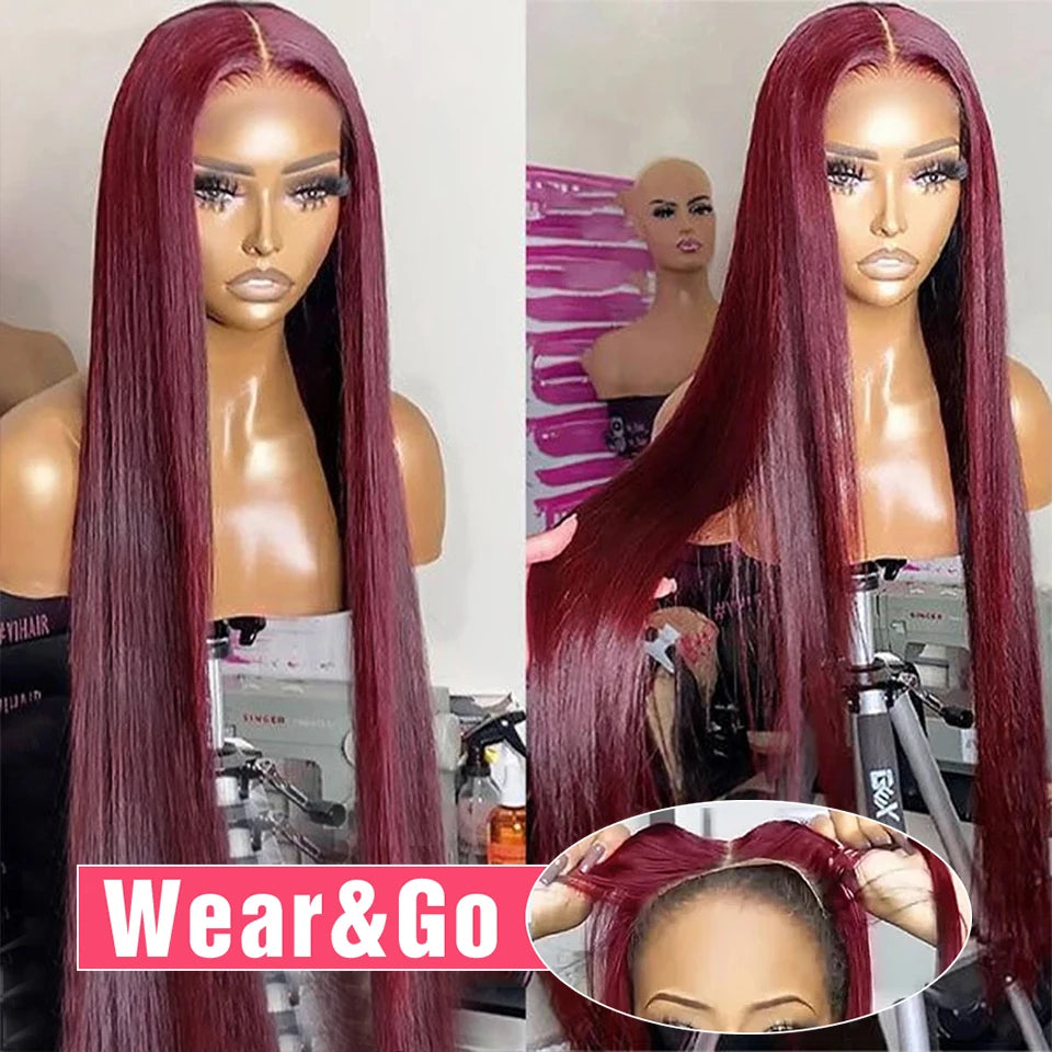 Pre Cut No Glue Glueless Wig Human Hair Ready To Wear And Go Preplucked Brazilian Straight 99J Red Human Hair Wigs For Women 30"