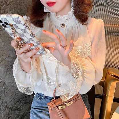 Elegant Lace Women Blouse Fashion Fashion Korean White Chiffon Office Ladies Shirts Stand Neck Ruffles Spring Female Tops New