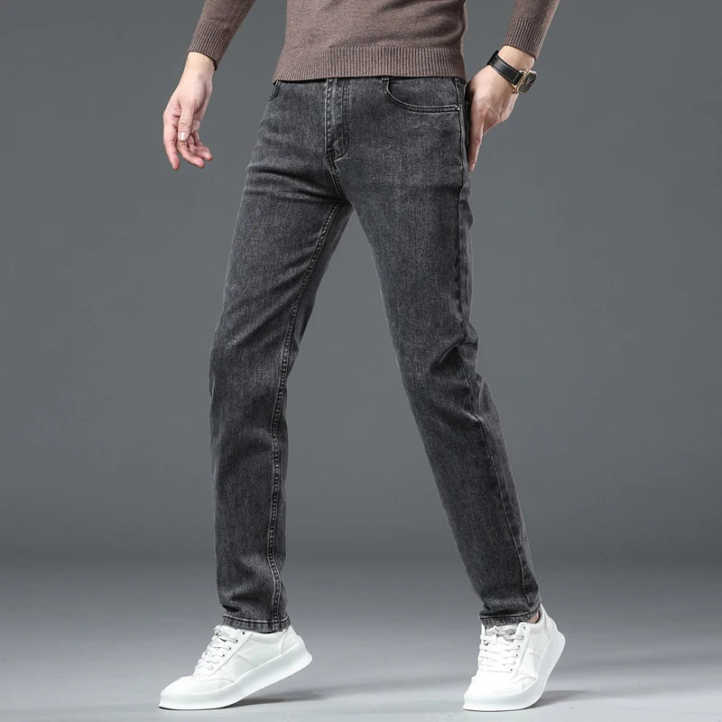 Men's Stretch Grey Jeans High Quality Classic Style Business Fashion Pure Black Slim-fit Denim Pants Male Brand Casual Trousers