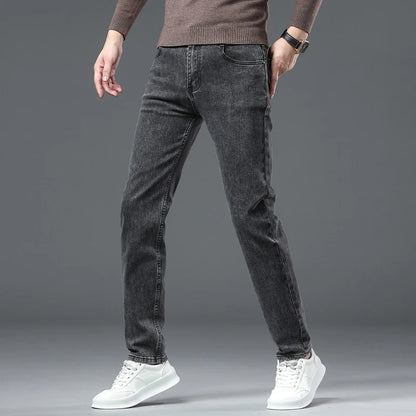 Men's Stretch Grey Jeans High Quality Classic Style Business Fashion Pure Black Slim-fit Denim Pants Male Brand Casual Trousers