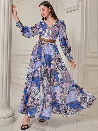 TOLEEN 2024 New Fashion Summer Women Long Dresses Patchwork Print Lantern Sleeve Bohemian Holiday Casual Elegant Dress With Belt