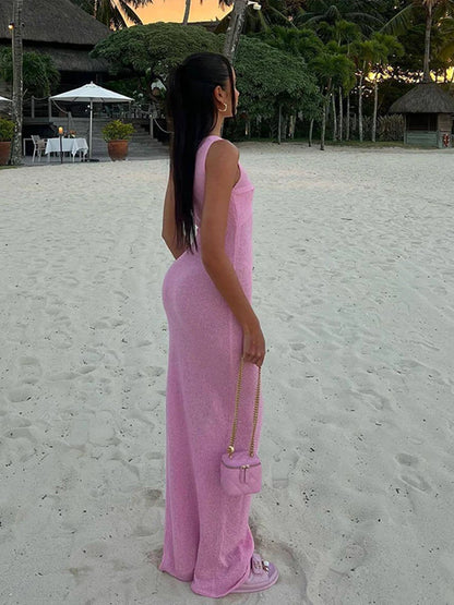 Knitted Long Dress Women O-neck Sleeveless Bow Slim Hip Package Dresses 2024 Summer Beach Solid High Waist Streetwear Robe